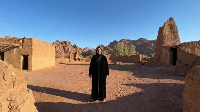 امرأة سعودية بالعباءة في موقع تراثي طيني قديم