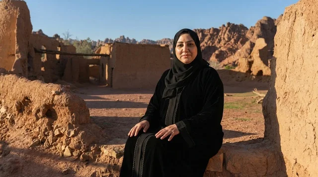 امرأة سعودية بالعباءة في موقع تراثي قديم