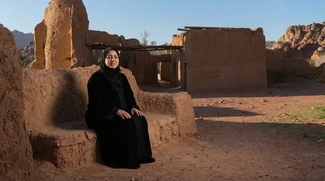 Saudi Woman in Black Abaya at Traditional Mud Village