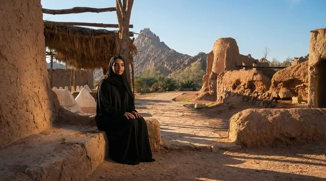 امرأة سعودية في قرية طينية تراثية مع الجبال