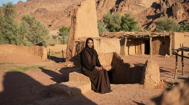 Saudi Woman at Traditional Mud House in Al-Ula
