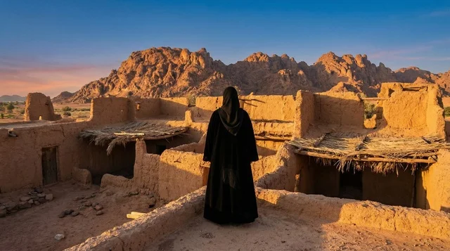 Saudi Woman in Abaya at Ancient Mud Brick Ruins