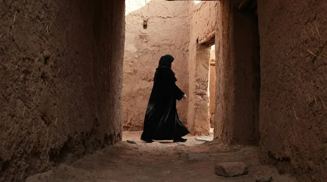 امرأة سعودية بالعباءة داخل مبنى طيني تراثي