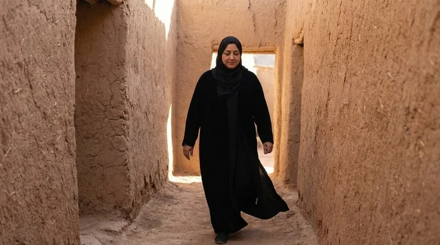 امرأة سعودية بالعباءة التقليدية تمشي في قرية تراثية