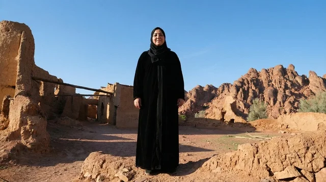 Saudi Woman in Black Abaya at Ancient Mud Ruins