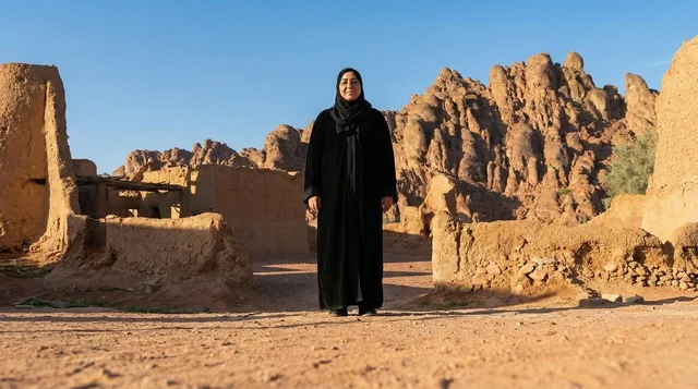 امرأة سعودية بالعباءة تقف بجانب أطلال العلا الطينية