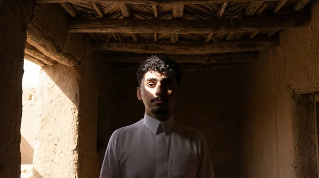 شاب سعودي بالثوب التقليدي داخل بيت طيني تراثي