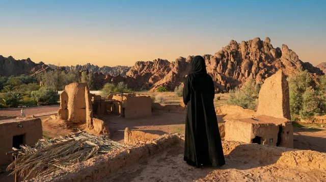 Saudi Woman in Abaya at Historical Desert Ruins