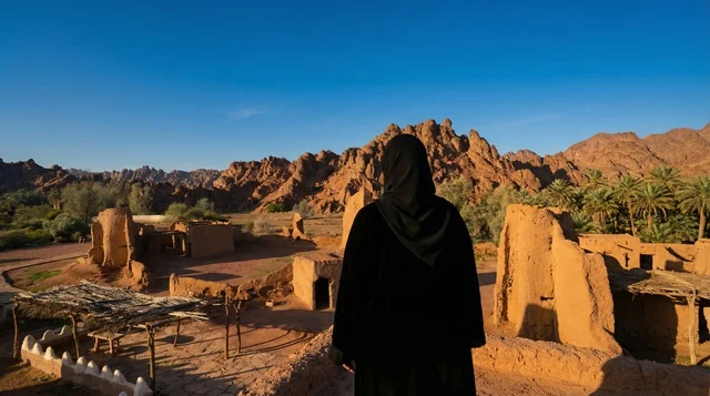 Saudi Woman in Traditional Abaya Overlooking Ancient Ruins