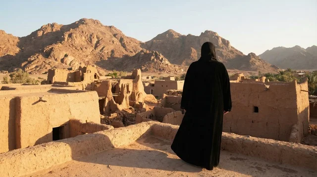 امرأة سعودية بالعباءة في قرية تراثية طينية