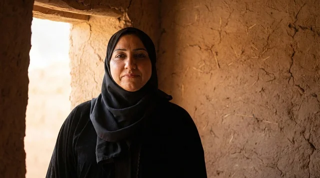 Saudi Woman in Traditional Abaya inside Mud House
