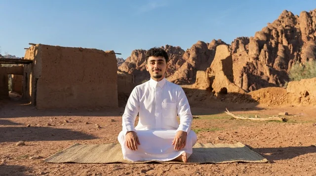 رجل سعودي بالثوب التقليدي يجلس بجانب أطلال صحراوية