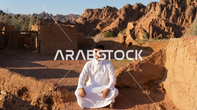رجل سعودي بالثوب الأبيض داخل بيت طيني تراثي
