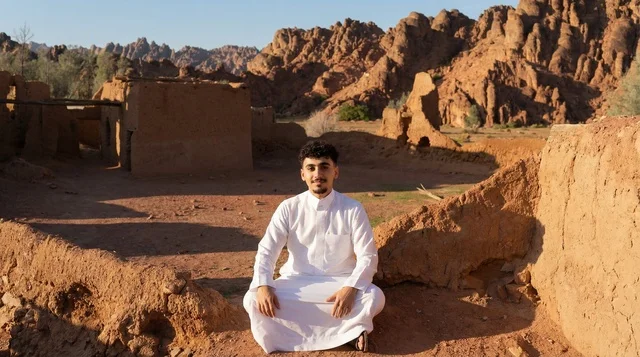 A Saudi man in a white thobe inside a traditional mud house.