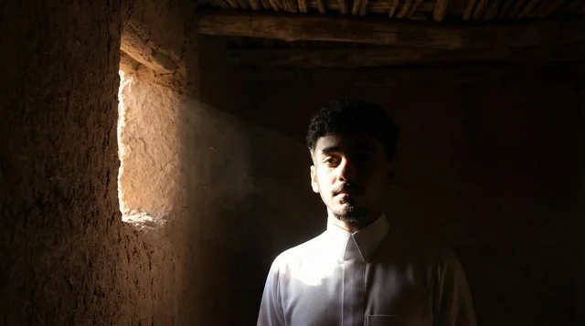 شاب سعودي بالثوب التقليدي داخل بيت طيني تراثي