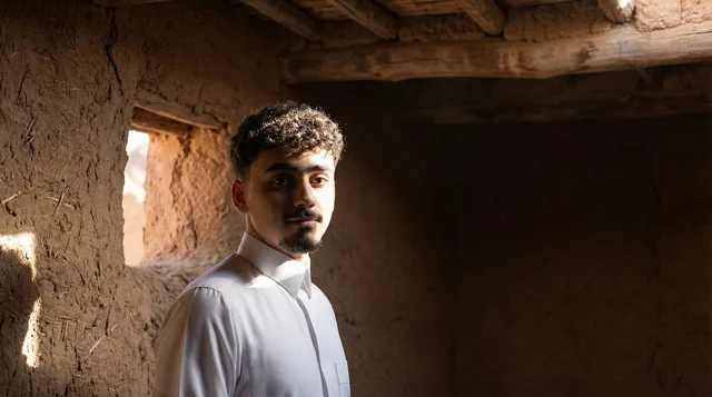 شاب سعودي في منزل طيني تقليدي مع إضاءة شمس