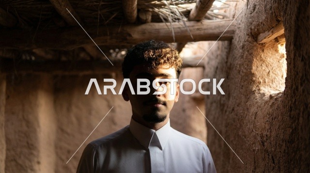 رجل سعودي بالثوب الأبيض داخل بيت طيني تراثي