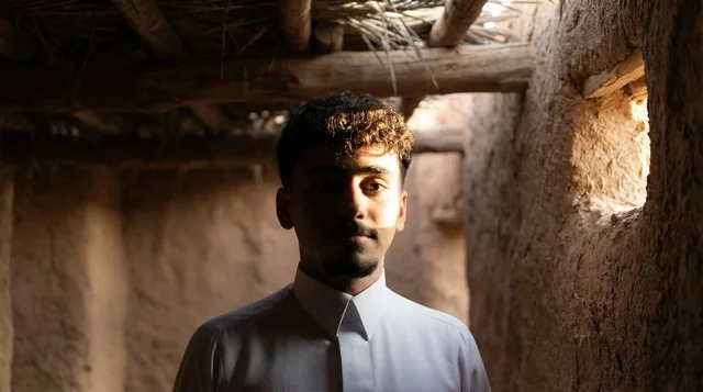 Saudi Man in White Thobe Inside Traditional Clay House