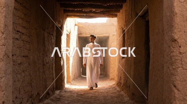 رجل سعودي بالثوب التقليدي في قرية تراثية طينية