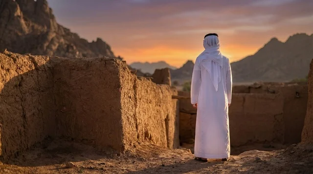 Saudi Man in Traditional Thobe at Desert Heritage Site