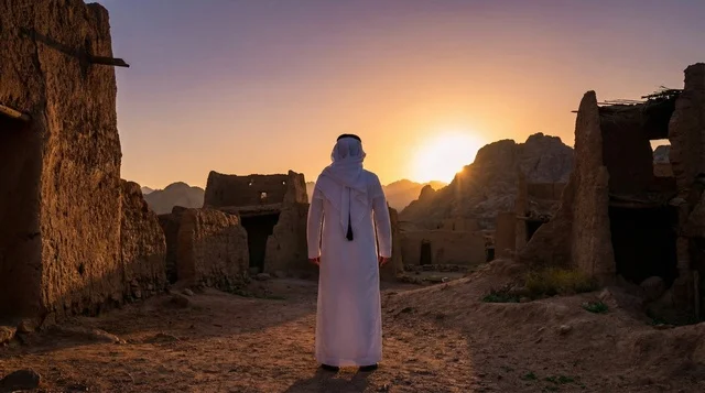 Saudi Man at Ancient Mud Brick Ruins during Sunset
