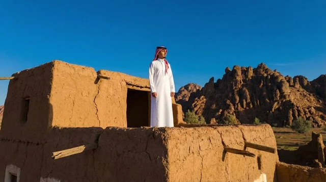 Saudi Man in Traditional Thobe at Old Heritage Mud House
