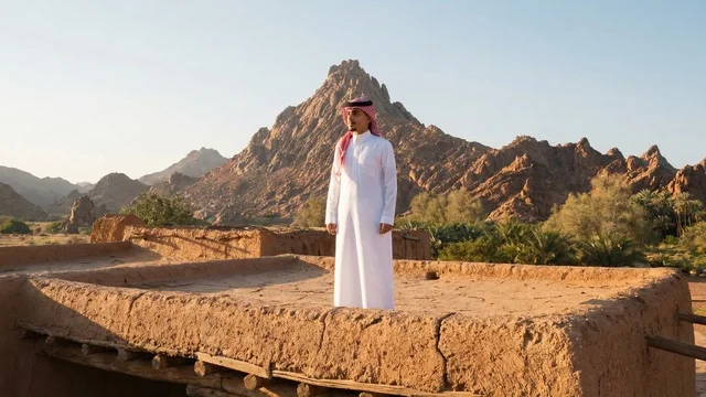 رجل سعودي بالزي التقليدي في موقع تراثي صحراوي