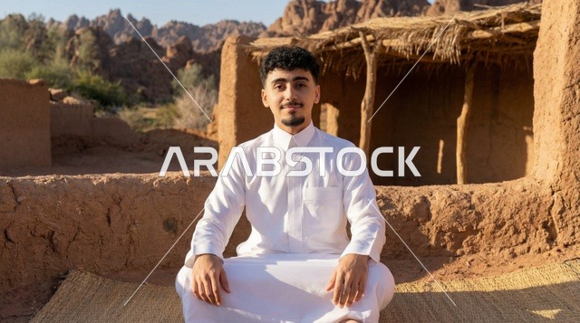 شاب سعودي بالثوب الأبيض في قرية تراثية طينية قديمة