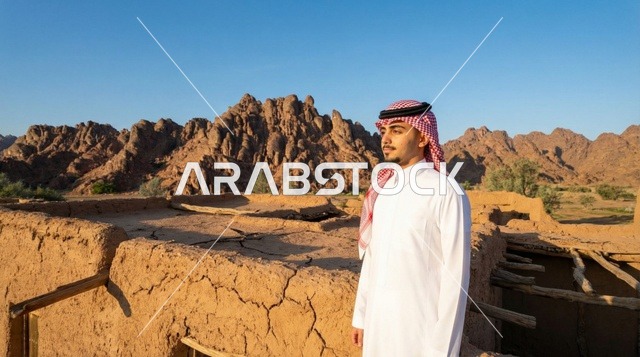 رجل سعودي أمام بيت طيني قديم في جبال العلا