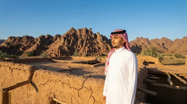 رجل سعودي أمام بيت طيني قديم في جبال العلا