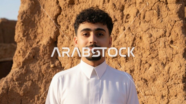 رجل سعودي بالثوب الأبيض داخل بيت طيني تراثي