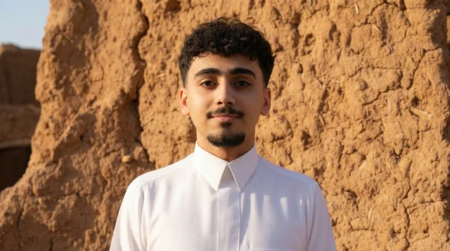 A Saudi man in a white thobe inside a traditional mud house.