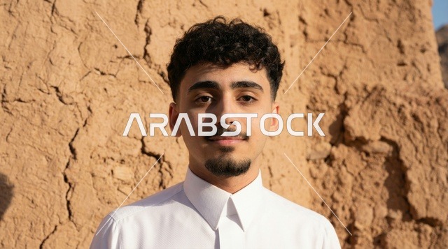 شاب سعودي بالثوب التقليدي أمام جدار طيني تراثي