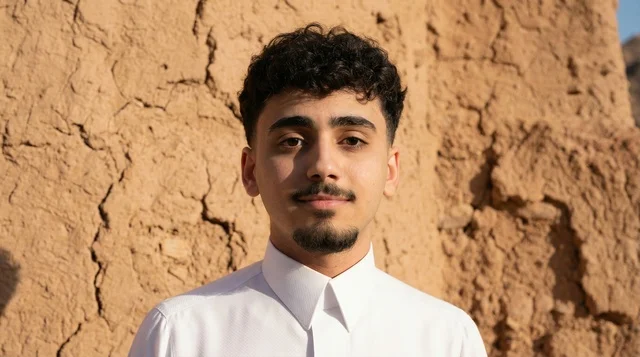 شاب سعودي بالثوب التقليدي أمام جدار طيني تراثي شاب سعودي بالثوب التقليدي أمام جدار طيني تراثي
