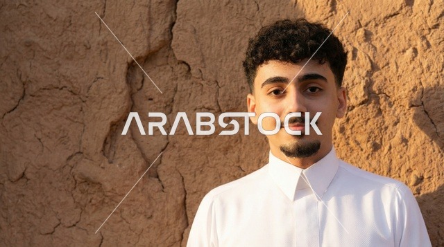 شاب سعودي بالثوب التقليدي أمام جدار طيني تراثي