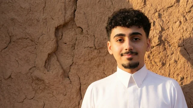 شاب سعودي بالثوب التقليدي أمام جدار طيني تراثي