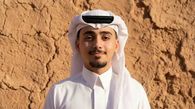 شاب سعودي بالزي التقليدي أمام جدار طيني