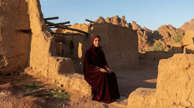 امرأة سعودية بعباءة مخملية في موقع تراثي صحراوي