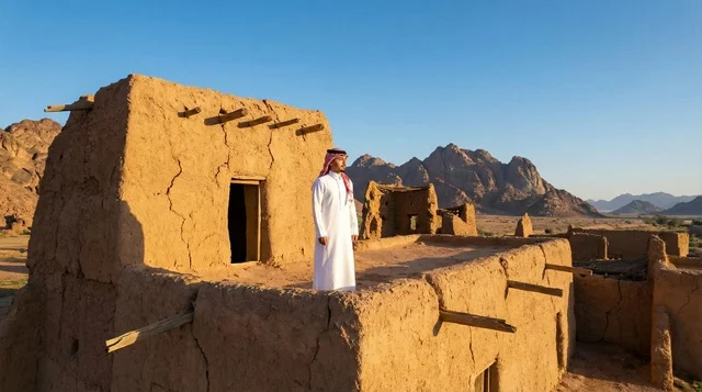 رجل سعودي بالزي التقليدي في بيت طيني تراثي