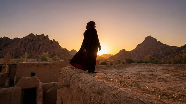 امرأة سعودية بالعباءة التقليدية في موقع تراثي