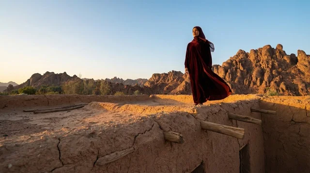 Saudi Woman in Maroon Abaya at Traditional Mud House