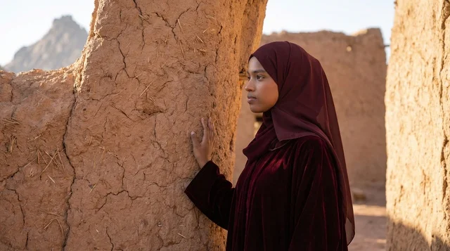 Sudanese Woman in Traditional Abaya by Mud Wall