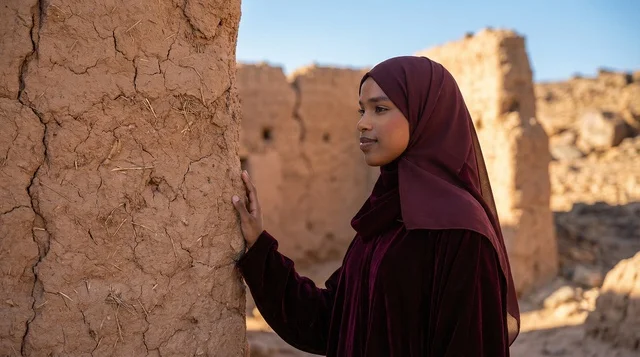 A Saudi woman in traditional abaya at a heritage site.