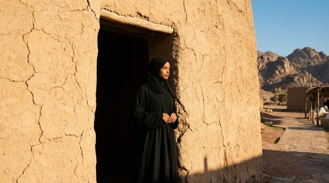 امرأة سعودية بعباءة سوداء في منزل طيني تراثي قديم