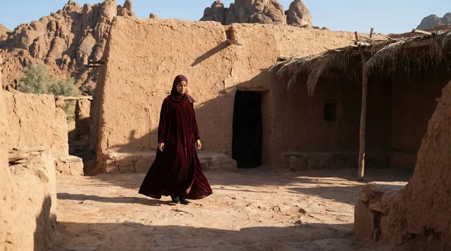 امرأة سعودية بعباءة مخملية في قرية تراثية