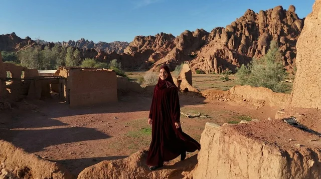 Saudi Woman in Traditional Abaya at Desert Ruins