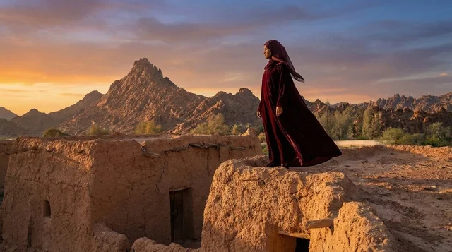 امرأة عمانية بالزي التقليدي المخملي في أطلال صحراوية
