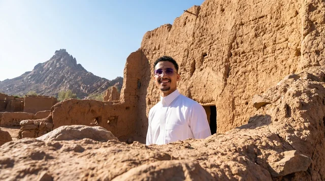 A Saudi man in a white thobe inside a traditional mud house.