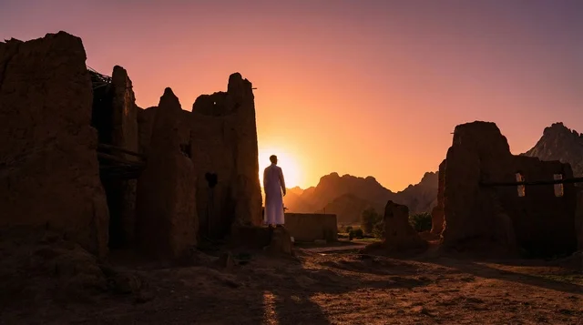 Saudi Man in Traditional Thobe at Ancient Village Sunset