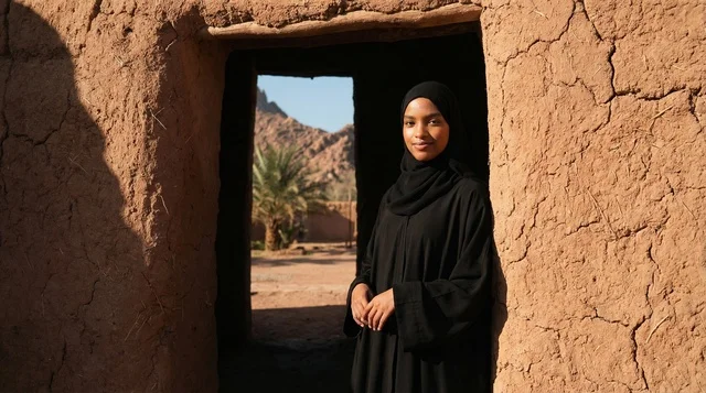 A Saudi woman in traditional abaya at a heritage site.